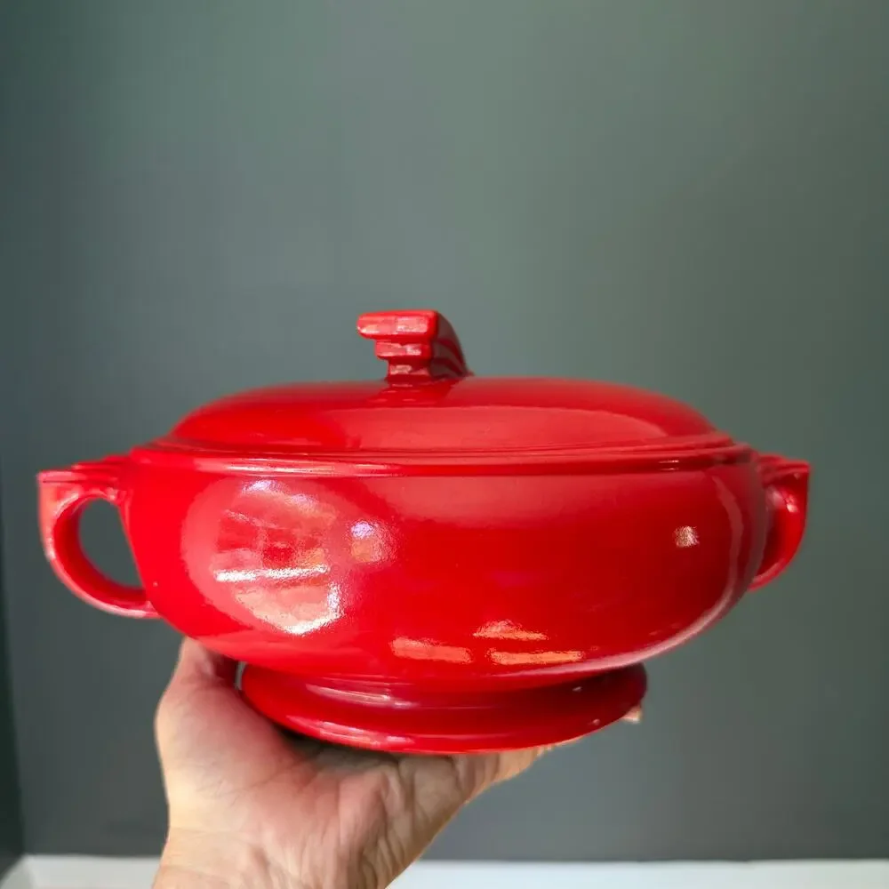 Vintage Hall China Chinese Red Sundial Covered Casserole Art Deco 1930s-50s